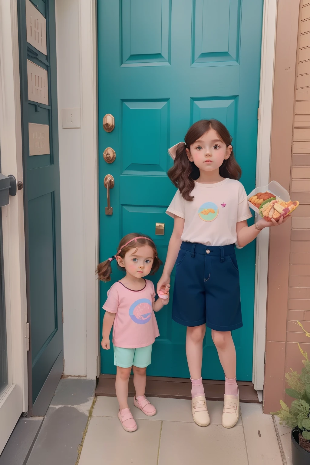 year: 2023. Location: Sweden. Pre-Raphaelite, two 3 and 7-year-old little girls, sister, tanned, brunette, (((holding a food container))), bringing a ((food tray)) to their neighbor door, ((((casual kid Clothing from the 2020s)))) ((Hairstyle of the 2020s)), pastel colors, (((cinematic style)))