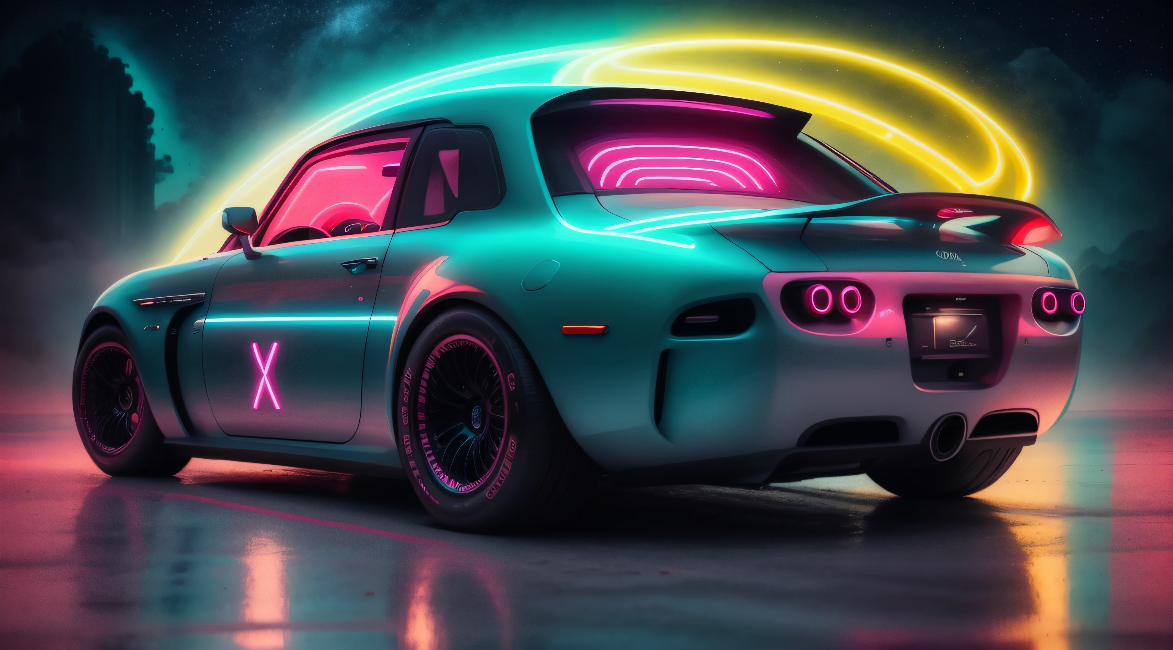 EStilo futurista, luces de neon, Un primer plano de un coche, fondo futuristico de noche, luces de neon, cuerpo ancho, Surrealist illustration, Arte oscuro surrealista, obra maestra, hiperrealista, lluvia, alta definicion