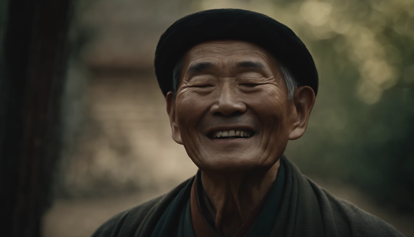 Masterpiece, High quality, illustration,An old Chinese man closes his eyes during Chongyangjie, Smiling, Close up
