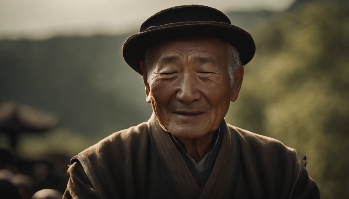 Masterpiece, High quality, illustration,An old Chinese man closes his eyes during Chongyangjie, Smiling, Close up