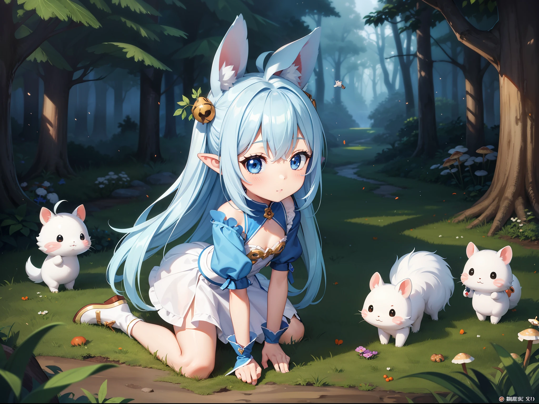 White rabbit with carrots and long ears, long white ears、I'm with a girl with long blue hair and a chibi character。This is a lovely white and blue sexy outfit。White panty、Dark eyes。cute forest creature, Cute mushrooms also grow、Lovely digital painting, cute detailed digital art, the squirrel king, adorable digital art, cute cartoon characters, cute character, Adorable creatures, cas, official illustrations, offcial art, a squirrel, maplestory mouse, astri lohne, cute 3d render