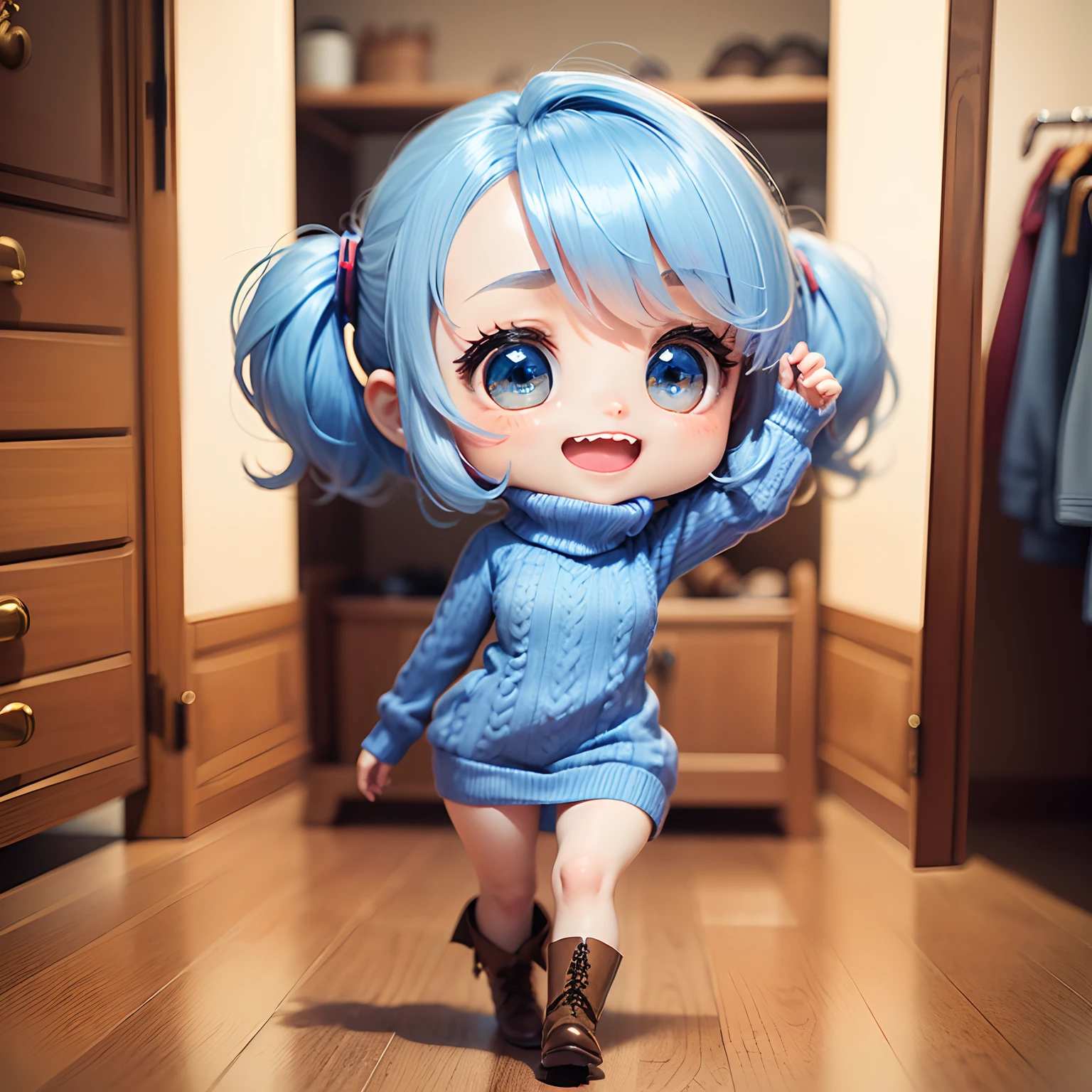 masterpiece、top-quality、ultra-detailliert、(Chibi Chara:1.2)、Light blue Sauvage hair、Open your mouth and smile、(Redhound Tooth Court: 1.5), (Light Blue Turtleneck Sweater Dress:1.3)、White Amiage Boots、Standing、Chibi Walking Closet