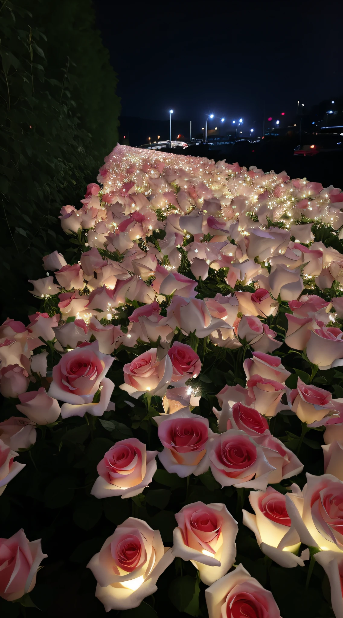 There are many white roses and red roses in the fields at night, field of flowers at night, Glowing flowers, Luminous flowers, lights with bloom, rose pink lighting, Flower beds on the floor, beautiful light up, uniform lighting, beautiful flowers growing, laying on roses, roses in cinematic light, snapchat photo, photo taken at night, with glowing lights at night, walking down