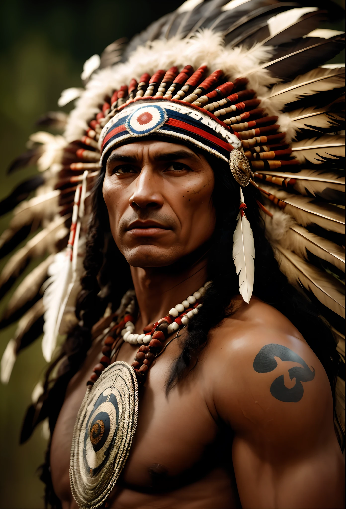 Hyperrealistic cinematic image of a native Indian with feathers on his head, Arte nativa americana, Indian warrior, Nativo americano, Guerreiro nativo americano, Arte nativa, Um guerreiro nativo americano, indigenous man, eagle feather, Guerreiro habilidoso do Apache, warrior spirit, american indian headdress, indigenous art, : native american shamen fantasy, Indigenous, native american folk art, Fotografia de arte indianarrealista, fotografia, obra-prima, realista, Realismo, renderizado, Alto contraste, digital art photographyrealistic trend in Artstation 8k HD high definition detailed realistic,  detalhado, textura da pele, hiper detalhado, textura de pele realista, armadura, melhor qualidade, ultra high-resolution, (fotografiarrealista: 1.4), alta resolução, detalhado, Calado bruto, sharp re, por lee jeffries Nikon D850 Filme Fotografia de Stock 4 Kodak Portra 400 Lente F1.6 Rich Colors Realistic Texture Dramatic Texture Dramatic Lighting Irrealengine Trend on Artstation Cinestill 800