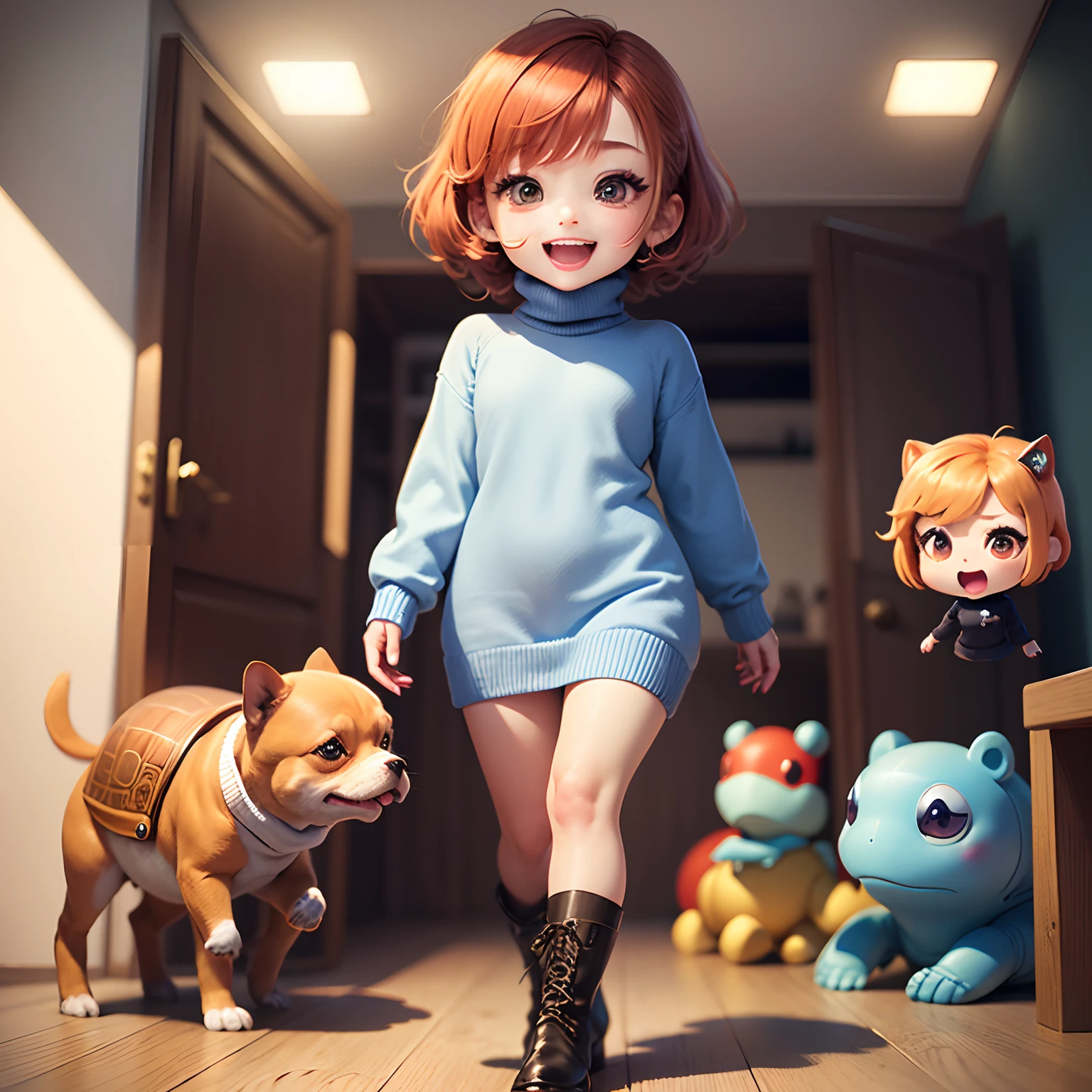 masterpiece、top-quality、ultra-detailliert、(Chibi Chara:1.2)、Light blue Sauvage hair、Open your mouth and smile、(Redhound Tooth Court: 1.5), (Light Blue Turtleneck Sweater Dress:1.3)、White Amiage Boots、Standing、Chibi Walking Closet