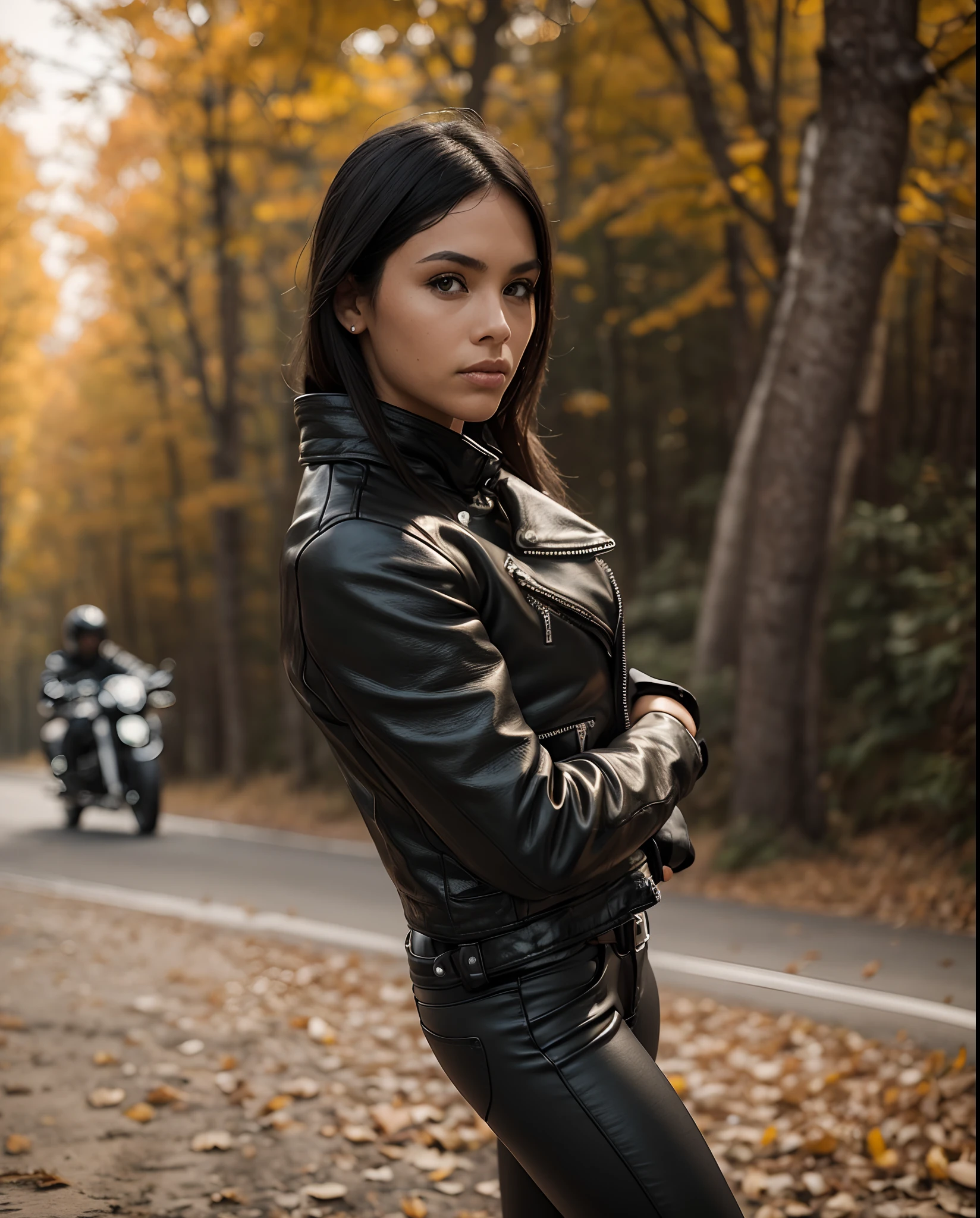 Make a woman with big breast, black leather riders' jacket, with open zipper, no t-shirts, with face, body, Lakeside house, travel bag, dog, and motorbike behind here, with sunshine.