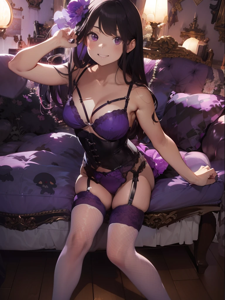 ultra-quality, ultla highres, Hyper Detailed, High contrast, Ultrafine Strike, creative refinement,A dark-haired, ssmile,Purple corset,purple garter belt,Clubhouse at night
