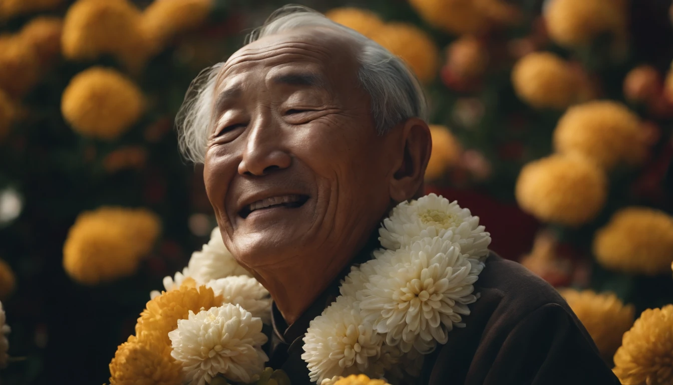 Masterpiece, High quality, illustration,An old man closed his eyes during the Chongyang Festival, The chrysanthemum celebration is lively and smiling, Close up