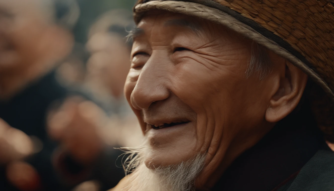 Masterpiece, High quality, illustration,An old man closed his eyes during the Chongyang Festival, The chrysanthemum celebration is lively and smiling, Close up