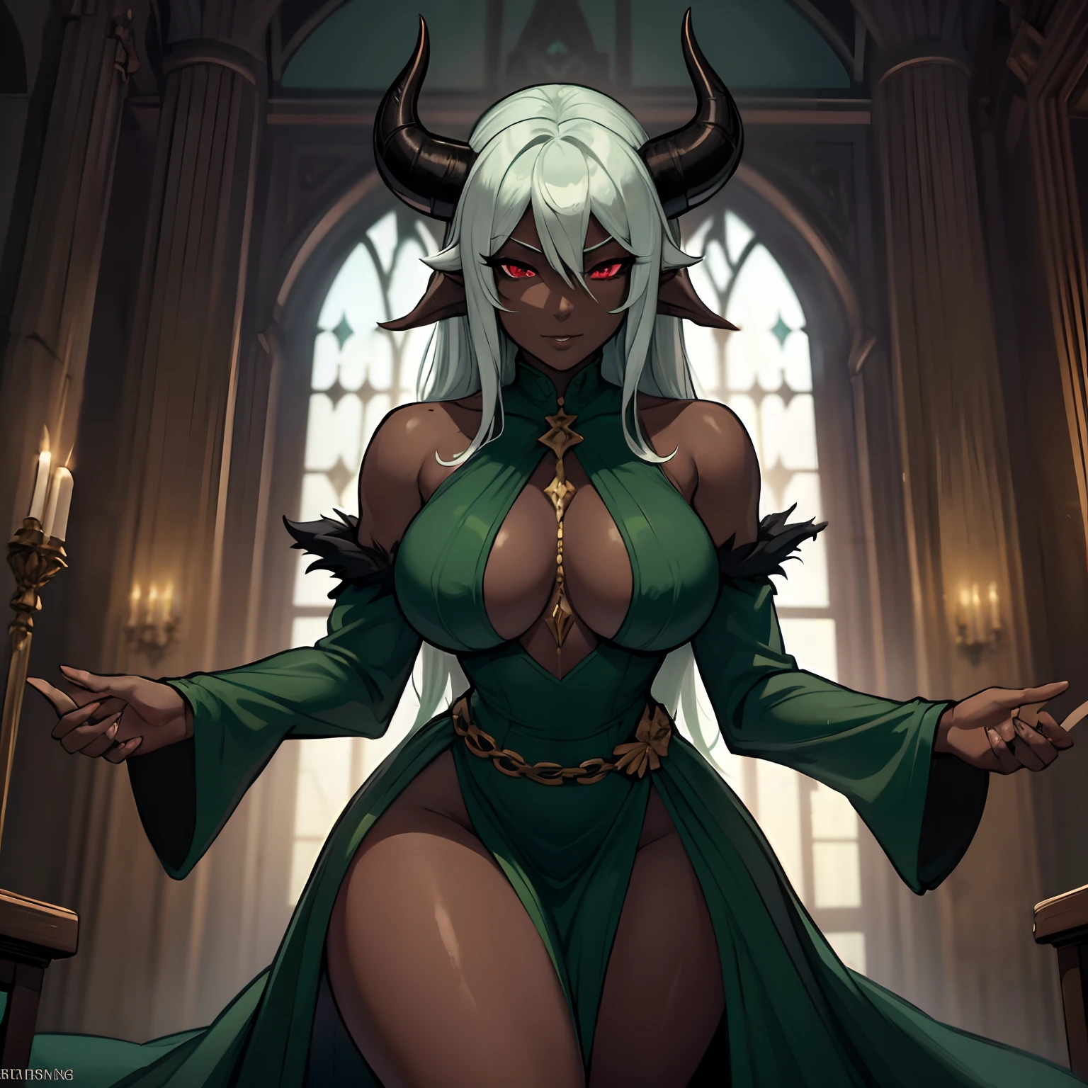 one mature ebony skinned female with red eyes, silver flowing long hair, a form fitting green dress, thicc, has black demonic wings, has tiefling horns, SOLO, ALONE, (SOLO)(ALONE), ebony skin tone, dark skin tone, green dress, form fitting green dress, in dark catherdral