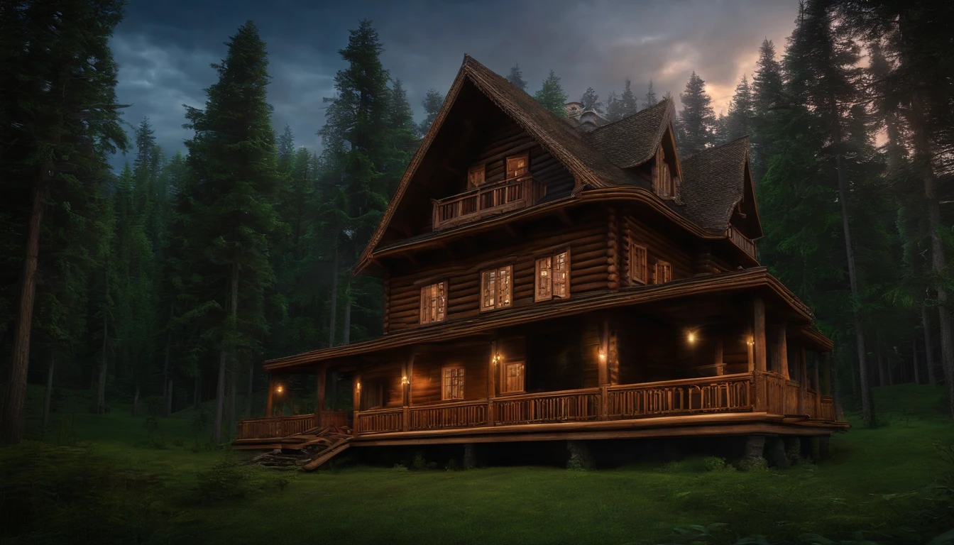 Wooden house in the forest. Etrafta kurt, ceylan. dark night, HDR, photorealism