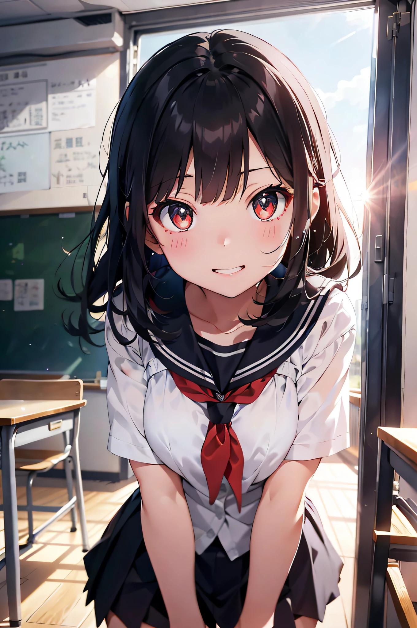 wide angle, 1girl, lips, open mouth, ahegao, saliva, blush, makeup, light smile, provoking, POV, from below, standing, school uniform, indoor, classroom, school bag, light rays, glow, thighs, collarbone, (masterpiece), wallpaper,