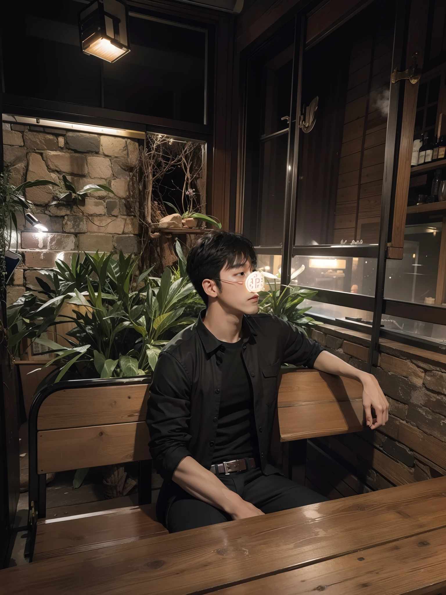 There's a handsome Korean man sitting in a tavern being photographed with a flash.