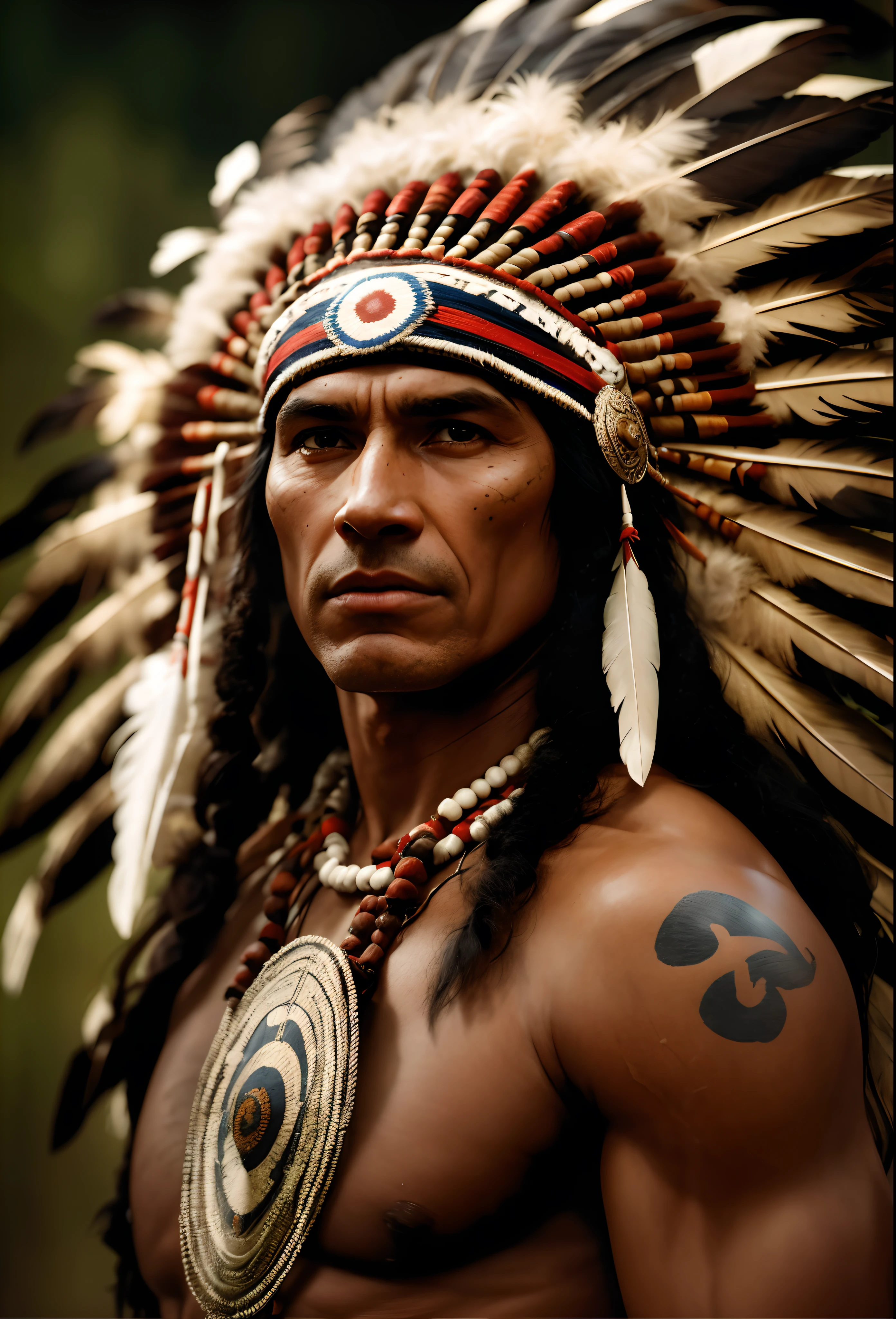 Hyperrealistic cinematic image of a native Indian with feathers on his head, Arte nativa americana, Indian warrior, Nativo americano, Guerreiro nativo americano, Arte nativa, Um guerreiro nativo americano, indigenous man, eagle feather, Guerreiro habilidoso do Apache, warrior spirit, american indian headdress, indigenous art, : native american shamen fantasy, Indigenous, native american folk art, Fotografia de arte indianarrealista, fotografia, obra-prima, realista, Realismo, renderizado, Alto contraste, digital art photographyrealistic trend in Artstation 8k HD high definition detailed realistic, detalhado, textura da pele, hiper detalhado, textura de pele realista, armadura, melhor qualidade, ultra high-resolution, (fotografiarrealista: 1.4), alta resolução, detalhado, Calado bruto, sharp re, por lee jeffries Nikon D850 Filme Fotografia de Stock 4 Kodak Portra 400 Lente F1.6 Rich Colors Realistic Texture Dramatic Texture Dramatic Lighting Irrealengine Trend on Artstation Cinestill 800