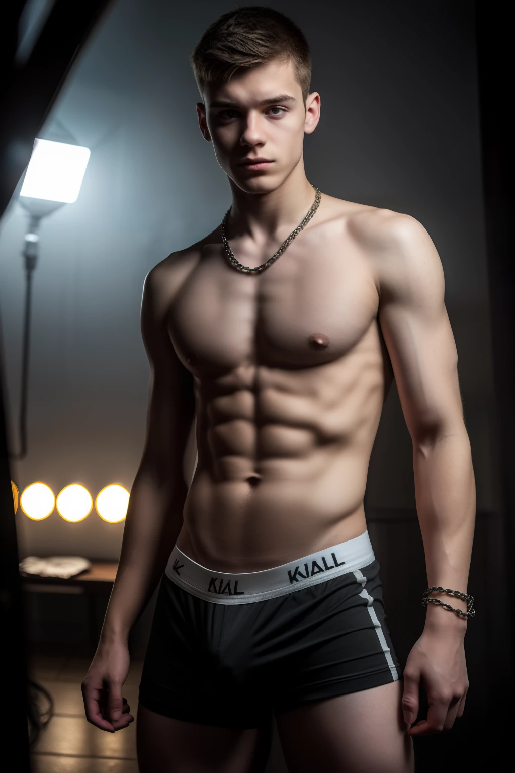 male, 16yomospheric, S.T.A.L.K.E.R style, fog, chromatic aberration, sexy masculine square face, chainlet, tight black white boxers, skinny body, fag, slave, dominated, bokeh, film, posing. film noise, knell