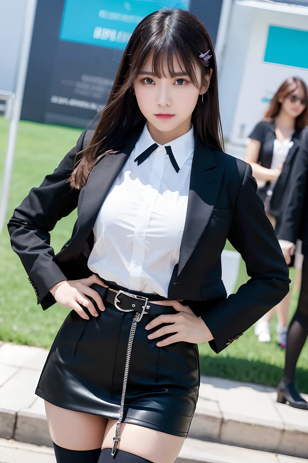 masterpiece、top-quality、The ultra -The high-definition、、colourfull、flat-colors、depth of fields、lens flare 1 girl、、A dark-haired、watching at viewers Suits Cutter shirt a belt suspenders working adults materia OL Black Suit Black jacket glares huge-breasted a miniskirt garterbelts knee high Stockings Brackniso Colorcon