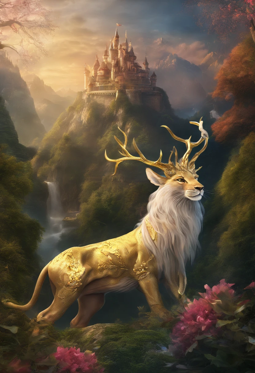 (Best quality,4K,8K,A high resolution,Masterpiece:1.2),Ultra-detailed,(Realistic,Photorealistic,photo-realistic:1.37),the mountains and the sea,Ancient legends,mythological creatures,EnchantingForest,Dazzling magic,Cute beast,Sparkling golden scales,deer antlers,the mane of a lion,Dragon whiskers,Sharp claws,sparkling big eyes