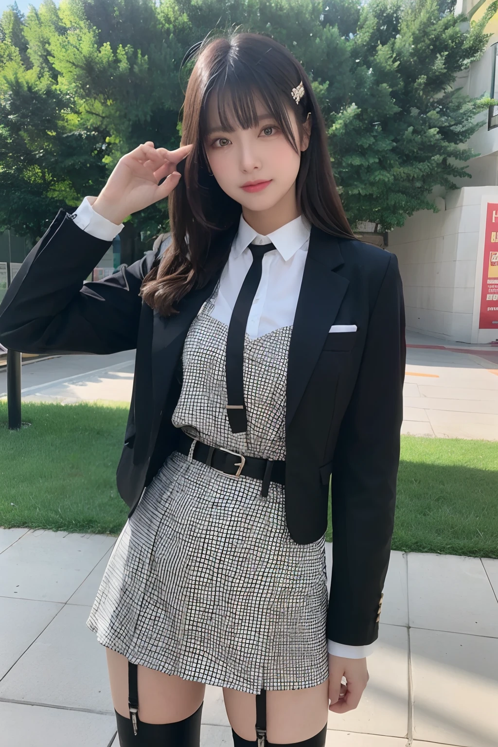 masterpiece、top-quality、The ultra -The high-definition、、colourfull、flat-colors、depth of fields、lens flare 1 girl、、A dark-haired、watching at viewers Suits Cutter shirt a belt suspenders working adults materia OL Black Suit Black jacket glares huge-breasted a miniskirt garterbelts knee high Stockings Brackniso Colorcon