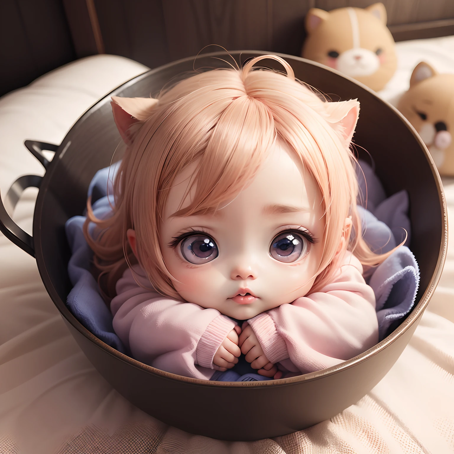 Anime chibi cute ,（（（Super Obra-Prima、qualidade superior、ultra-detalhada、1 menina、Chibi：1.5））、Chibi quarto 、cama、almofadas、cortinas de rendas、These come in beautiful containers、Um rosto detalhado、Sorria de boca aberta、corpo inteiro（Chibi：1.4）、8ｋ