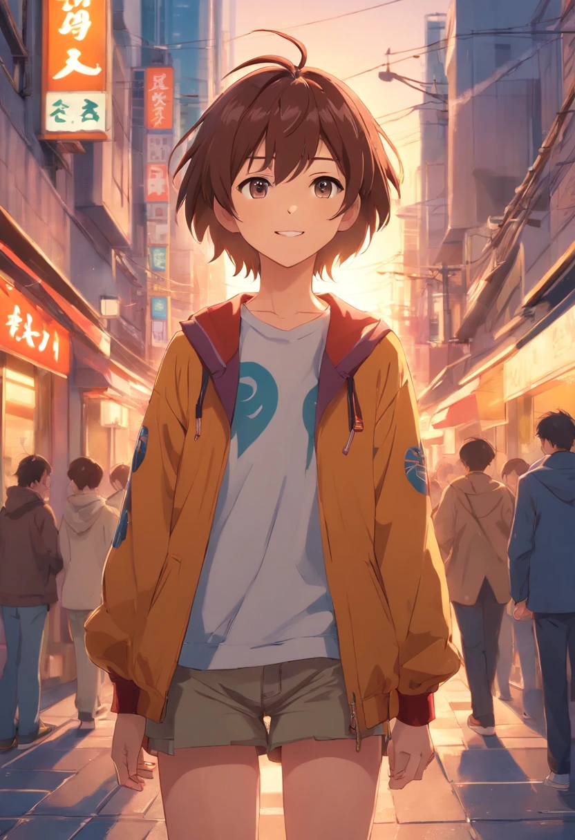 Standing on the streets of a bustling city、Backlight background to highlight subject、High contrast colors、4K high-definition quality、年轻、a smile、daili、Boy transformed into anime style with exaggerated unique facial features and clothes、行走