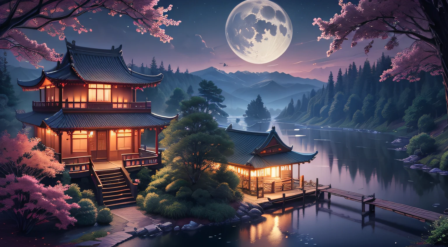 Very good 8KCG wallpapers, Very good 8K CG, the moon, Traditional Chinese House, Huge gardens, lake, legged, Colorful trees