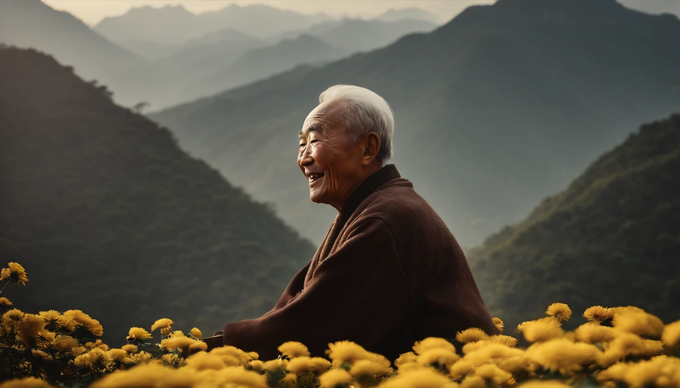 Masterpiece, High quality, illustration,An old Chinese man closes his eyes during Chongyangjie, The chrysanthemum celebration is lively and smiling, Close-up of mountain climbing in the distance