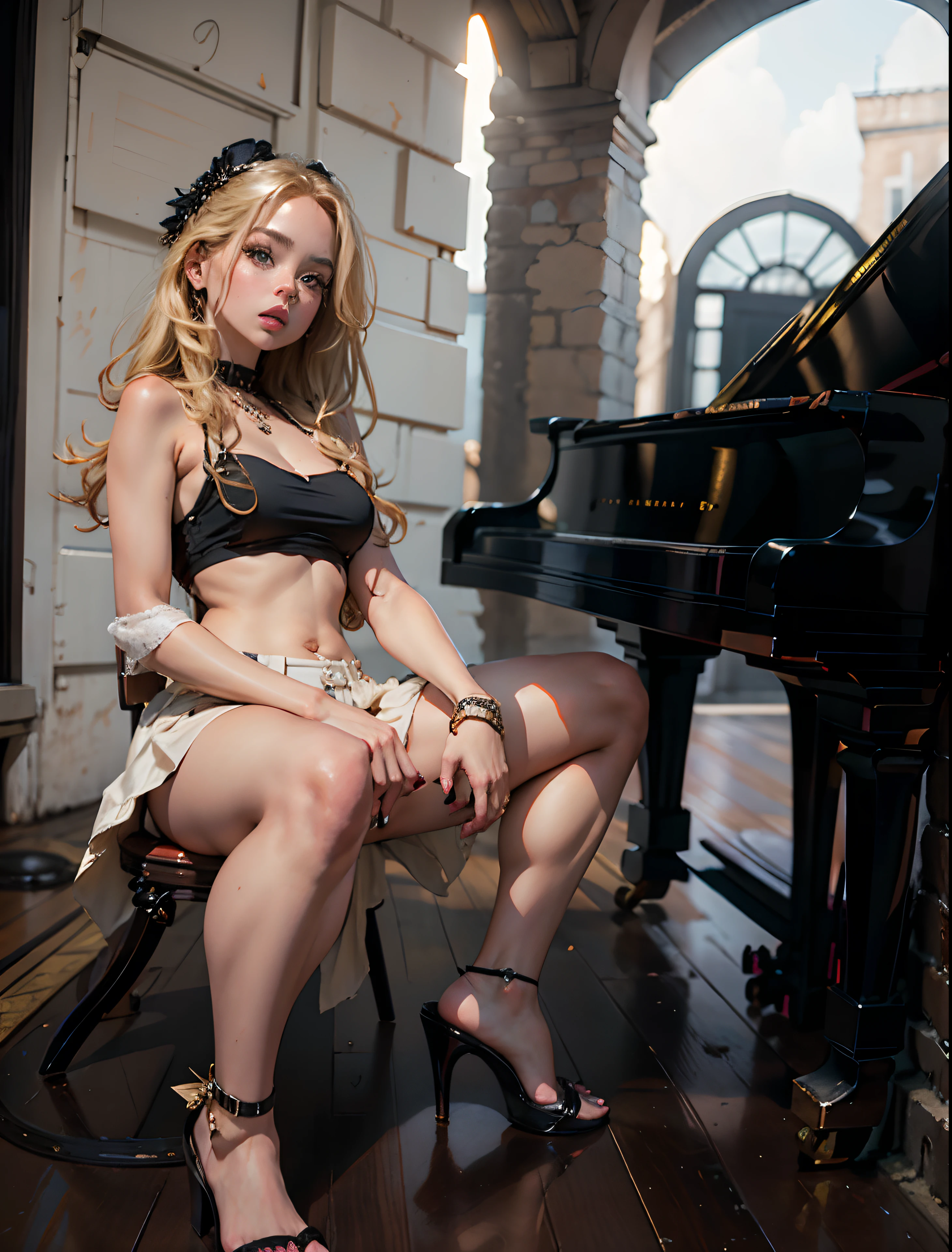 Arafed mujer sentada en una silla en un sujetador negro top, Hermosa maga Stella Maeve, Alexa Gracia, Retrato Sophie Mudd, Piano de fondo, Hermosa Maga Stella Maeve, pose muy sexy, perfectamente equilibrado, pianista, pose sexy, look sexy, Pose de glamour, Diosa rubia, sydney sweeney, Pose elegante, buena joven