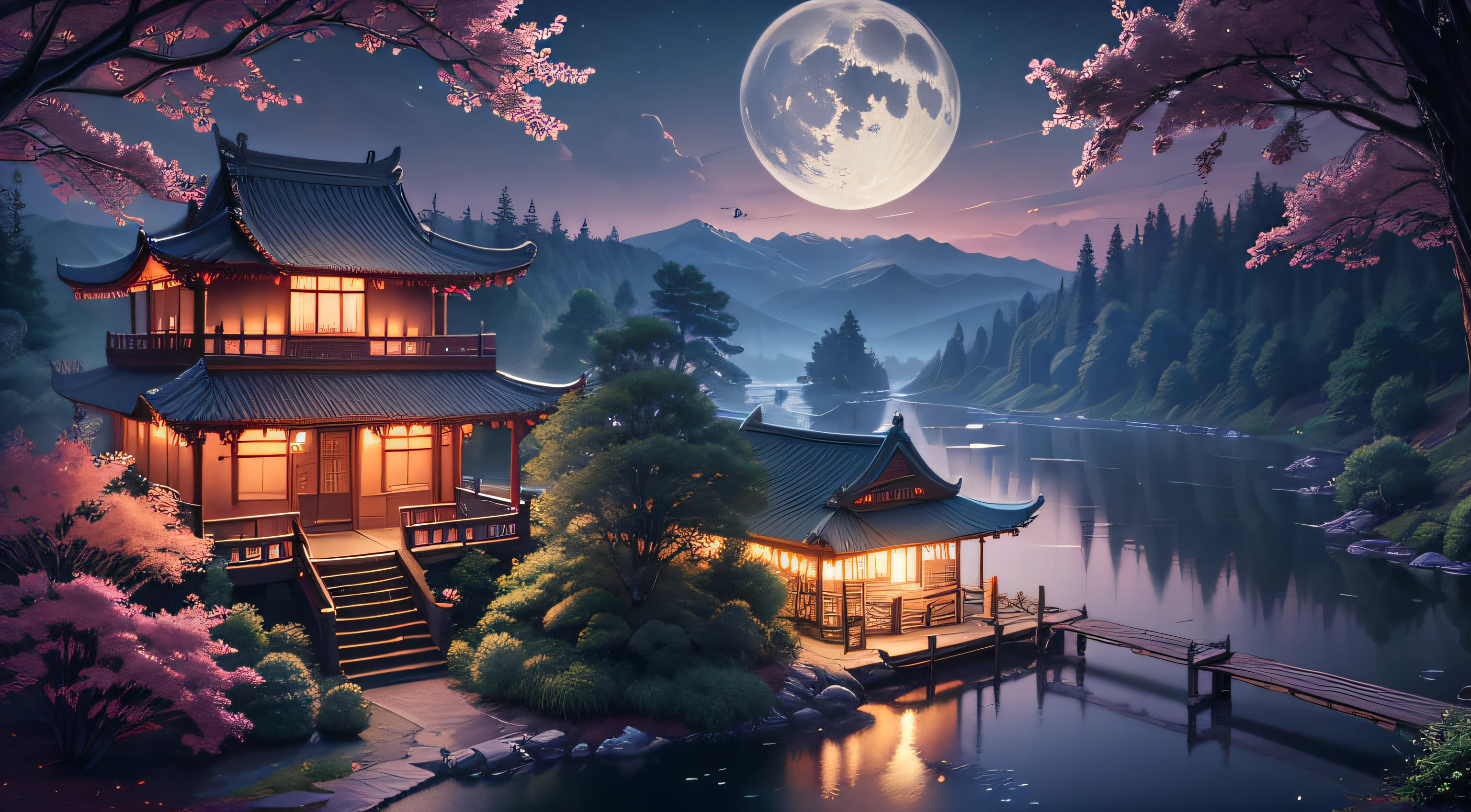 Very good 8KCG wallpapers, Very good 8K CG, the moon, Traditional Chinese House, Huge gardens, lake, legged, Colorful trees