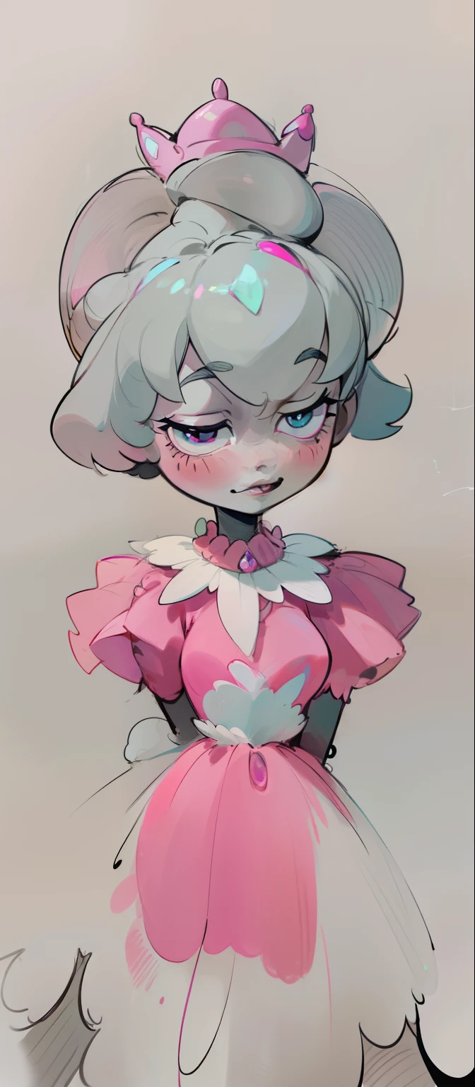 Drawing of a girl in a pink dress with a crown on her head, Phtoto em tons de cinza com vestido vermelho, cel sombreado!!!, pink iconic character, muffet de undertale, cel sombreado:15, absurdista blob em um vestido, cel - estilo de arte sombreado, cel sombreado, Garnet, Steven Universe, vestido com um vestido rosa