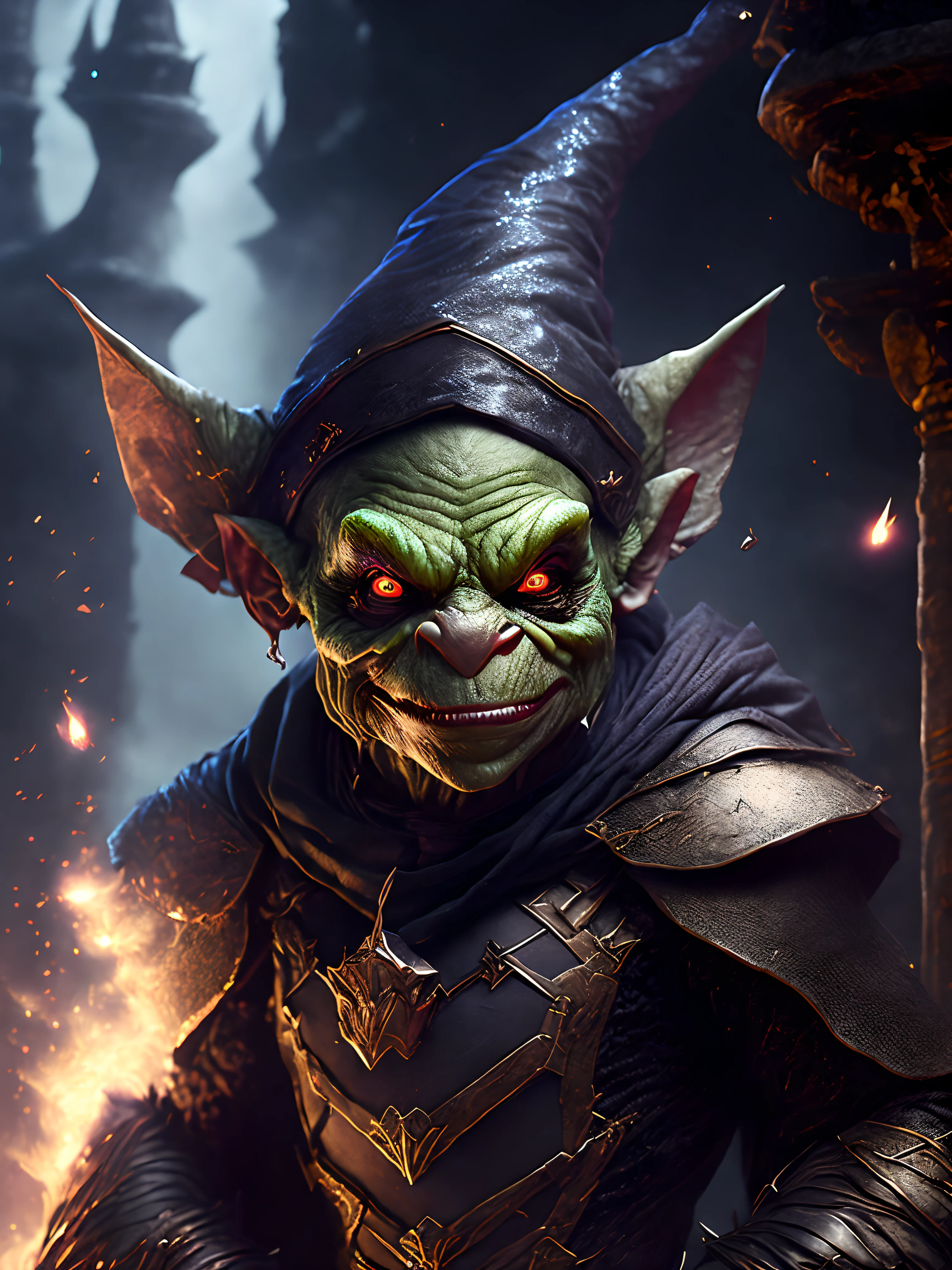 Close-up ( scary goblin wearing a witch costume from Marvel in Goth style: 1.3) emerging from the witches castle, extremely detailed, smoke, sparks, metal shavings, flying debris, volumetric light
