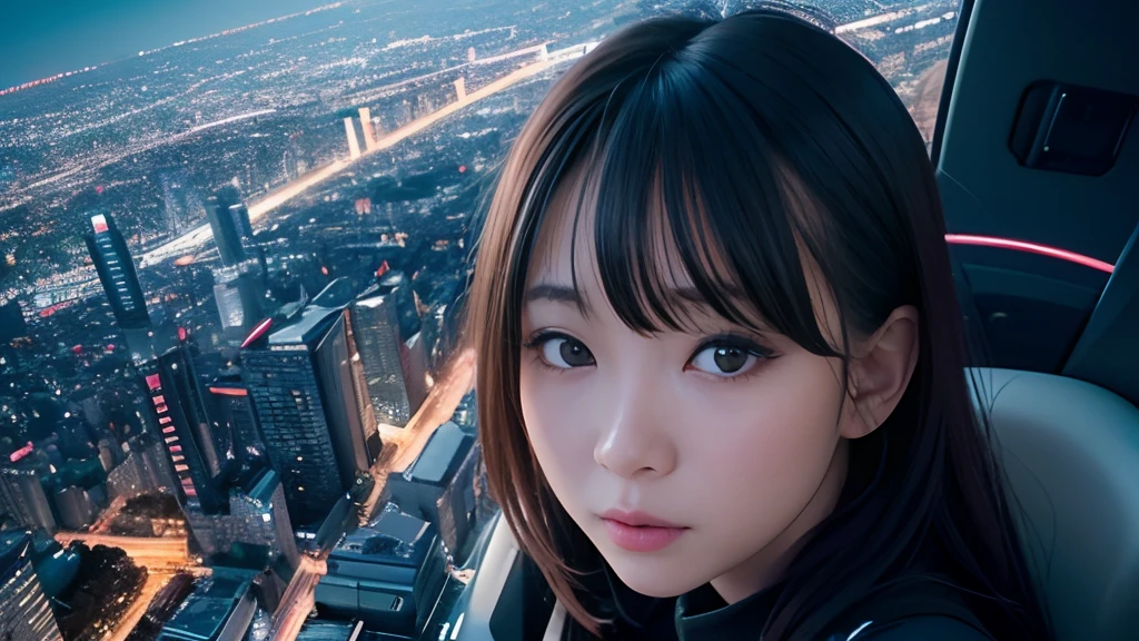 Woman looking at the night view of Tokyo from the helicopter、cute face、Watch the night view with your eyes shining、Very high quality scenery、Neon lights in Tokyo from the sky、Cinematic lighting、An ultra-high picture quality、Dramatic、Romantic night view、Shooting from above