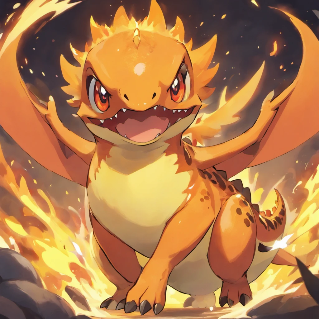 Cute dinosaurs，Fire attribute,Three-quarters side， Orange head, little wings，Red pupils，Masterpiece, Best quality