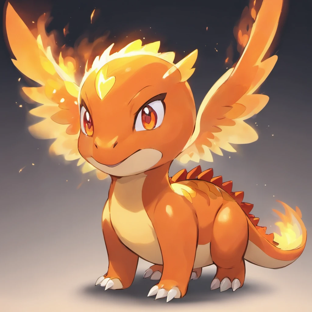 Cute dinosaurs,Fire attribute,Three-quarters side, Orange head, little wings,Red pupils,Masterpiece, Best quality