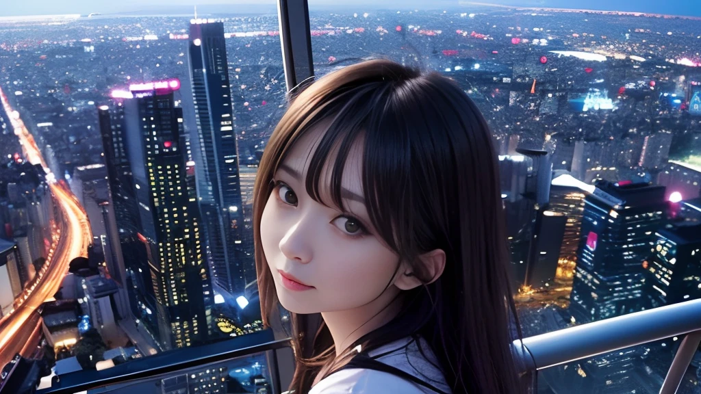 Woman looking at the night view of Tokyo from the helicopter、cute face、Watch the night view with your eyes shining、Very high quality scenery、Neon lights in Tokyo from the sky、Cinematic lighting、An ultra-high picture quality、Dramatic、Romantic night view、Shooting from above
