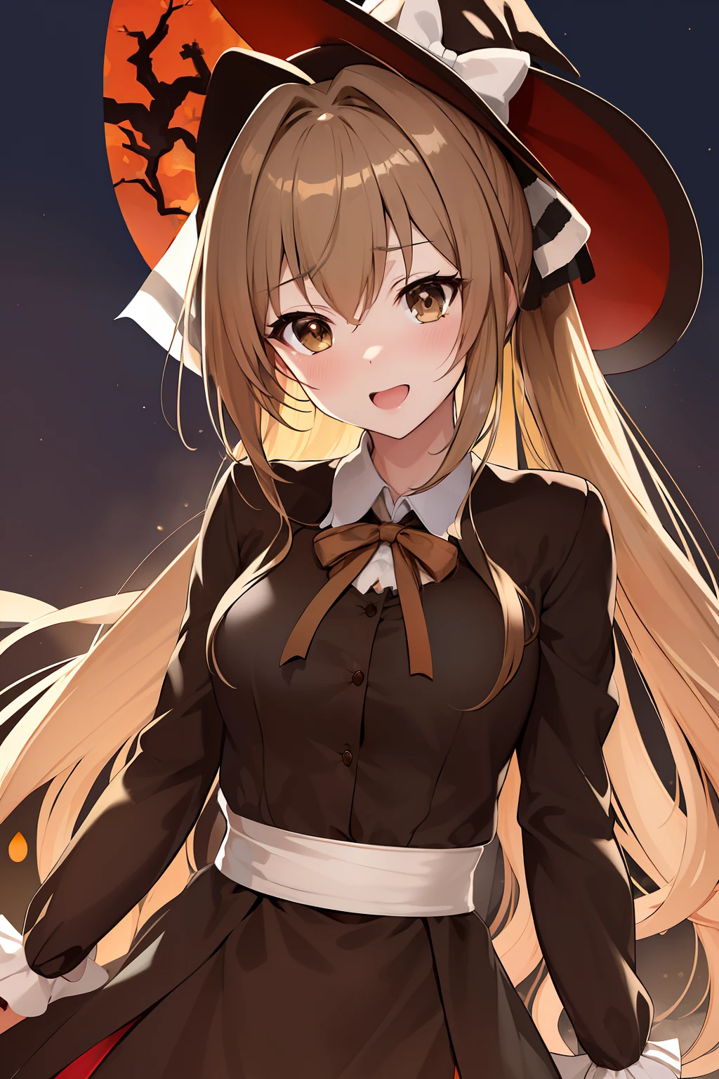 Isuzusento, Isuzu Sento, Ahoge, (Brown eyes:1.7), light brown hair, Long hair, Ponytail, Hair Ribbon, bow ribbon, (medium breasts⁩:1.2),a black ribbon, looking at the viewers,
BREAK (masutepiece:1.2), Best Quality, High resolution, Unity 8k壁纸, (Illustration:0.8), (Beautiful detailed eyes:1.6), extra detailed face, Perfect Lighting, extremely details CG, (Perfect hands, Perfect Anatomy),Smile with open mouth、blush、,(Halloween:1.2)、、(witch's hat:1.3)、cowboy  shot、An amusement park