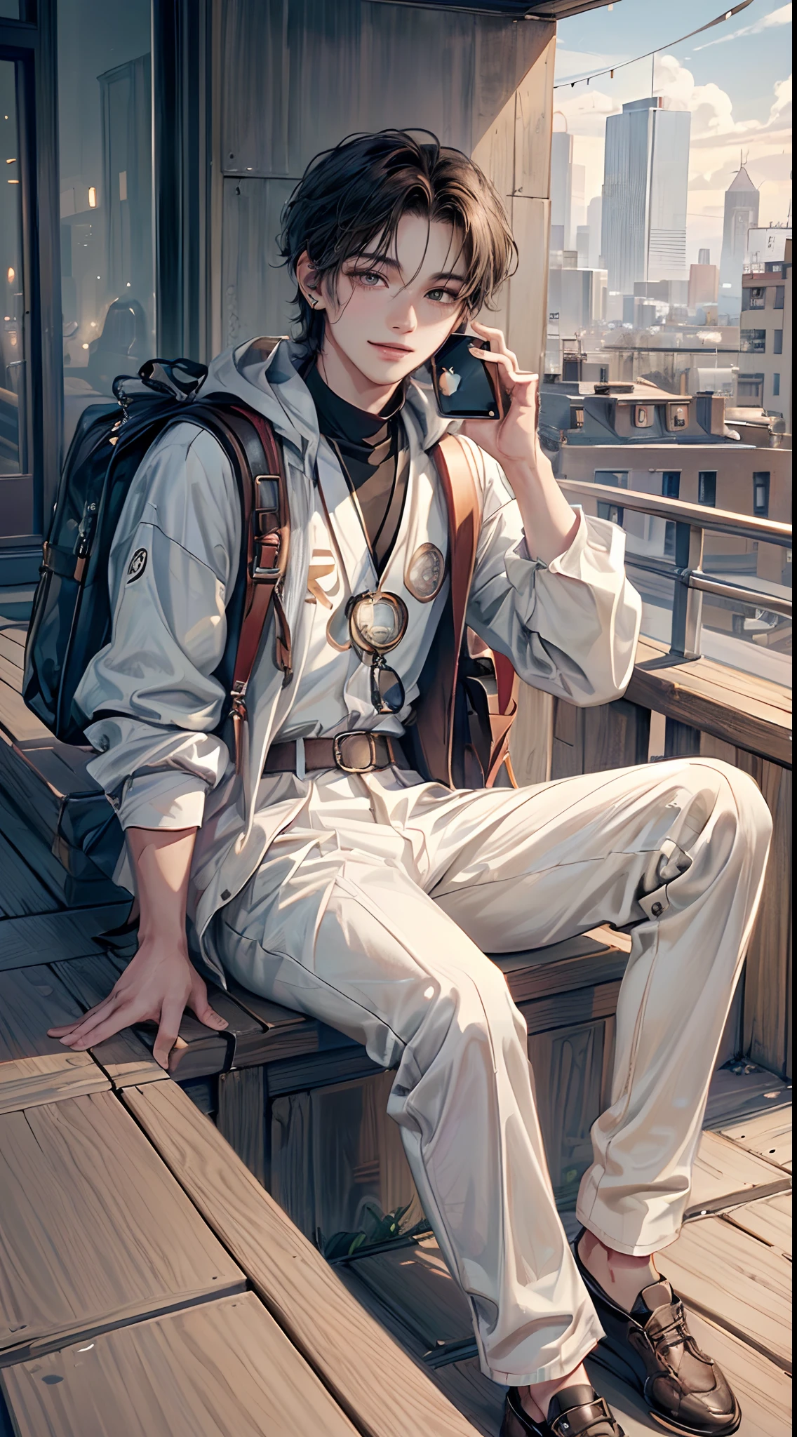 ((4K works))、masterpiece、(top-quality)、((high-level image quality))、((One Manly Boy))、Slim body、((Attractive and sexy fashion))、((Men's Fashion))、((Holding a backpack and iPhone in hand))、(Detailed beautiful eyes)、In a fashionable city、Sitting on the curb and listening to music、Face similar to Chaewon in Ruseraphim、((short hair above the ears))、((Smaller face))、((Neutral face))、((Light brown eyes))、((Korean boy))、((18year old))、((Handsome man))、((Teeth and smile expression))、((Korean Makeup))、((elongated and sharp eyes))、((photo of a model))、((Like a celebrity))、Professional Photos、((Shot alone))、((Sitting on the curb and listening to music through headphones))、((He sits in front of the viewer))、((Shot diagonally up from the front))、((Hold your iPhone in your hands、Look at your iPhone screen))