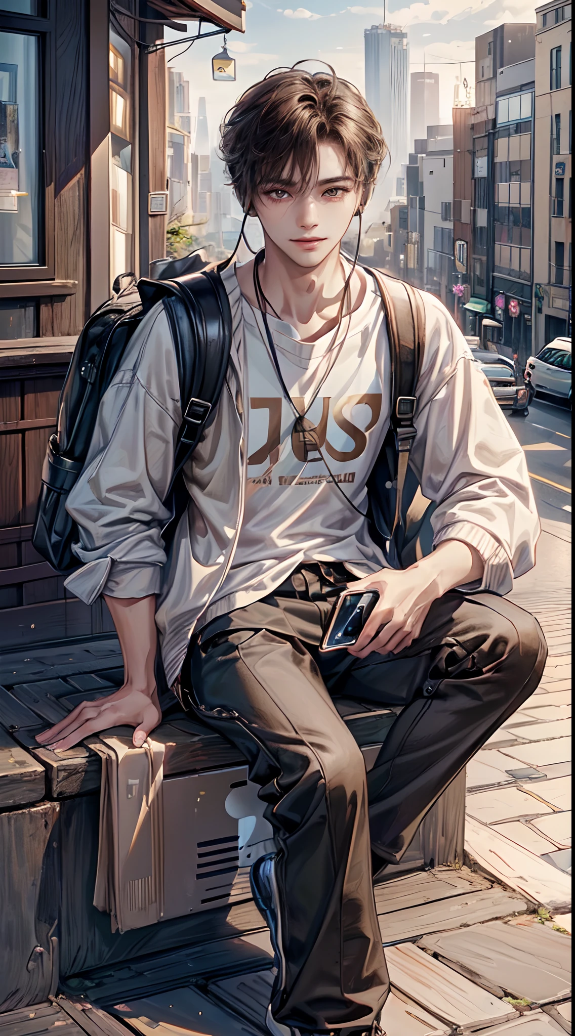 ((4K works))、​masterpiece、（top-quality)、((high-level image quality))、((One Manly Boy))、Slim body、((Attractive and sexy fashion))、((Men's Fashion))、((Holding a backpack and iPhone in hand))、(Detailed beautiful eyes)、In a fashionable city、Sitting on the curb and listening to music、Face similar to Chaewon in Ruseraphim、((short hair above the ears))、((Smaller face))、((Neutral face))、((Light brown eyes))、((Korean boy))、((18year old))、((Handsome man))、((Teeth and smile expression))、((Korean Makeup))、((elongated and sharp eyes))、((photo of a model))、((Like a celebrity))、Professional Photos、((Shot alone))、((Sitting on the curb and listening to music through headphones))、((He sits in front of the viewer))、((Shot diagonally up from the front))、((Hold your iPhone in your hands、Look at your iPhone screen))