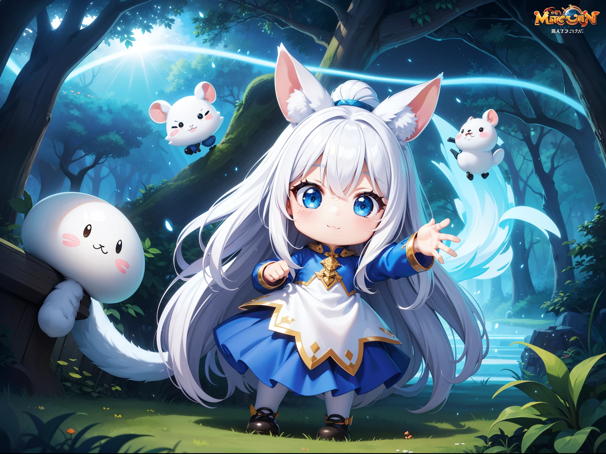 There are small white rabbits with carrots and long ears,  White long ears、I'm with a girl with long blue hair and a chibi character。It is a cute costume in white and blue。Dark eyes。cute forest creature, Cute mushrooms also grow、Adorable Digital Painting, cute detailed digital art, the squirrel king, Cute digital art, cute cartoon characters, cute character, CuteCreatures, Cutie, official illustrations, Official art, squirrel, maplestory mouse, astri lohne,  cute 3d render