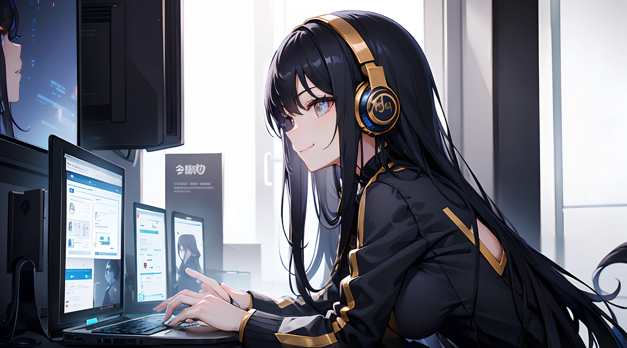 Woman using computer with big screen、silber hair、Semi-long hair、A smile,Wearing cool headphones,{{{{{{{{ Black Parker Oversize }}}}}}}},beautiful and delicate golden eyes,