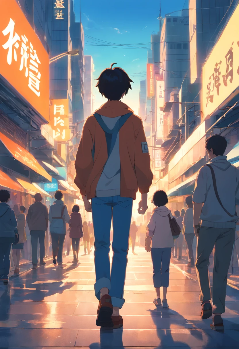 A bustling city、Backlight background to highlight subject、High contrast colors、4K high-definition quality、Walking、Adult man、sideways Facing