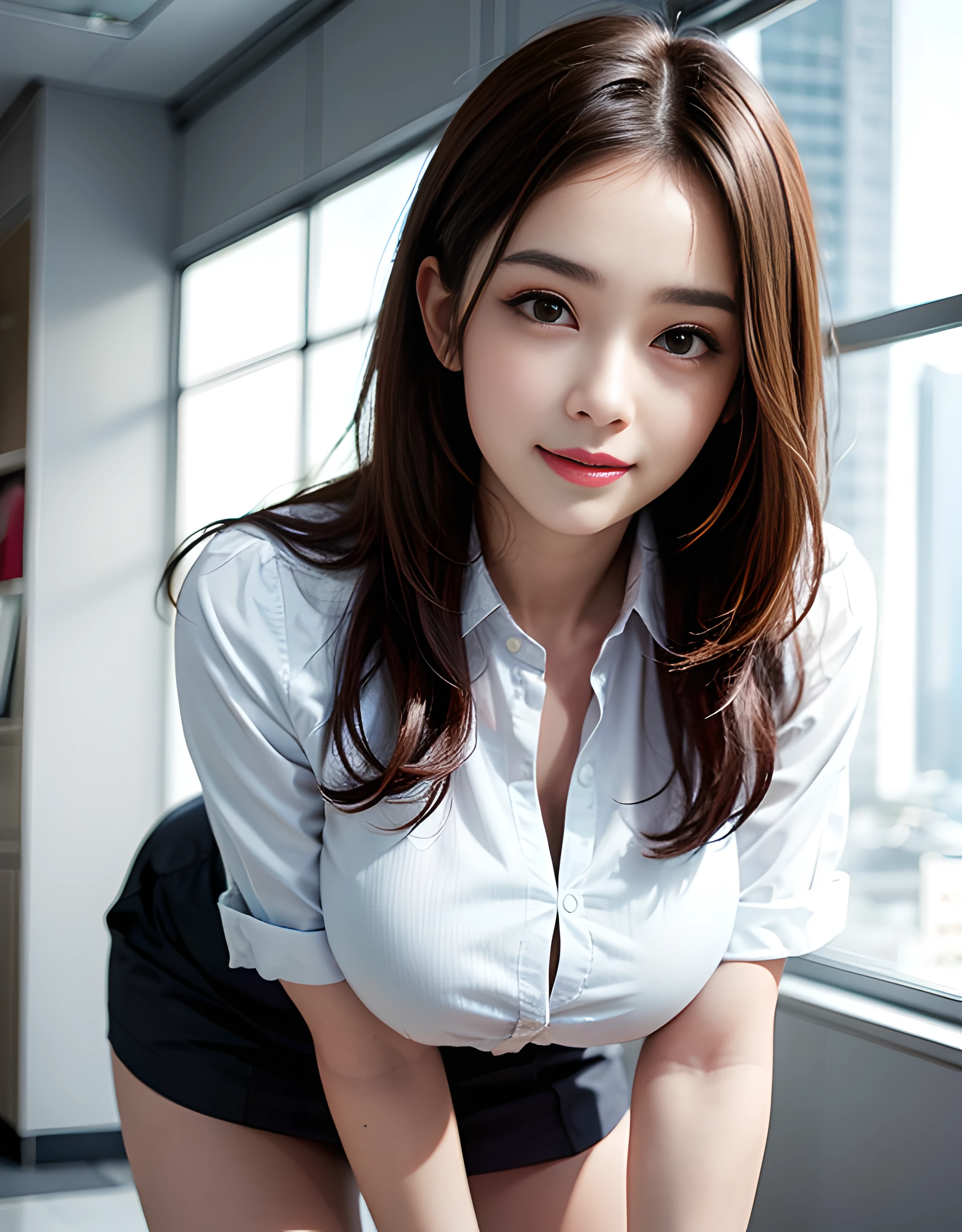 (8K high image quality), (top-quality), (RAW image quality),(masutepiece:1.2), (Realistic), (Photorealistic:1.37), Goose egg face,largeeyes,long eyelasher,Exquisite(Live-action realistic style),The Ultimate Face,Photorealistic light and shadow,Clear facial features,milky skin,Fair skin, highdetailskin,Realistic skin details,Visible Pore,(Super Detail),Hair length is random, (Flowing hair),Best portraits,Shot from a short distance, 1-girl, Cute,Beautiful detailed eyes, beautiful detailed nose, highlydetailed skin,Full body ,(eyecontact),(Colossal tits、Breast Abundance)、(Beautiful face with double eyelids),((fullbody image)), (Realism: 1.4),High image quality, excellent details, Ultra-high resolution, (Show your best smile to the audience), , favor details,,delicate and beautiful face,,20yr old,(Beautiful Face 1.4),A slender, (Office Lady Uniform:1.2),photographed in an office setting,(It's a full-body shot.),,(Show your smile),Medium Hair,,Brightly lit interior,a miniskirt,Beautiful legs,Jacket looks good