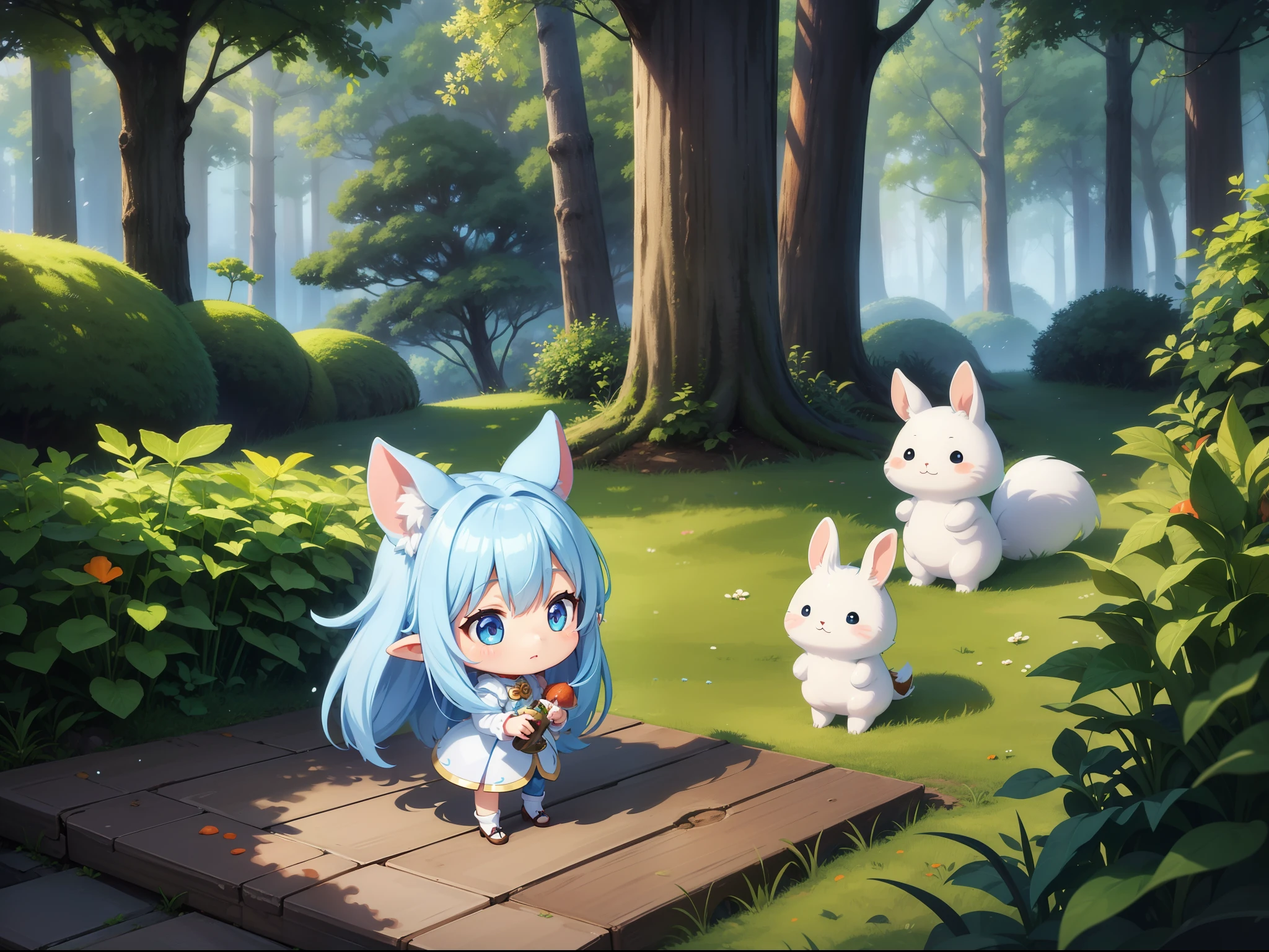 There are small white rabbits with carrots and long ears,  White long ears、I'm with a girl with long blue hair and a chibi character。It is a cute costume in white and blue。Dark eyes。cute forest creature, Cute mushrooms also grow、Adorable Digital Painting, cute detailed digital art, the squirrel king, Cute digital art, cute cartoon characters, cute character, CuteCreatures, Cutie, official illustrations, Official art, squirrel, maplestory mouse, astri lohne,  cute 3d render