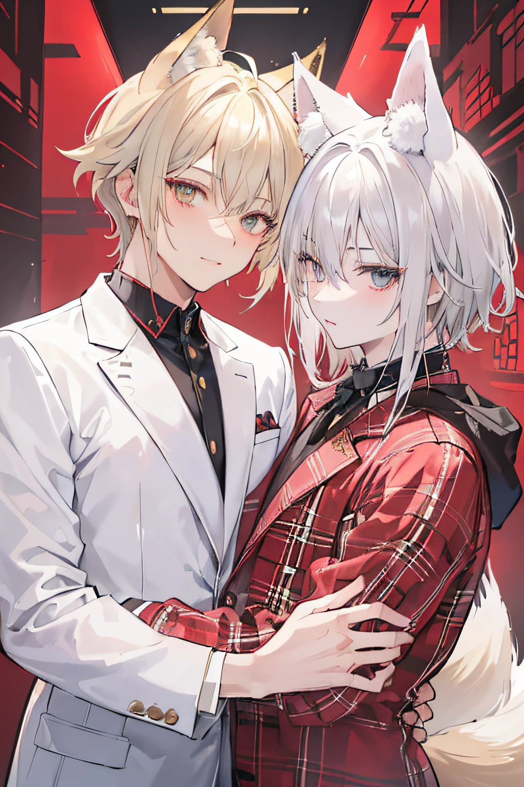 (((Two men、2 adult males)))、(((Blonde Man And Silver-Haired Man))), Golden Eyes, Fox ears、fluffy fox tail、red blush、校服、blazers、Plaid trousers、Conspiracy look、Short hair stylist,　Provocative facial expressions、grinning evily、Men with broad shoulders、　Various poses、