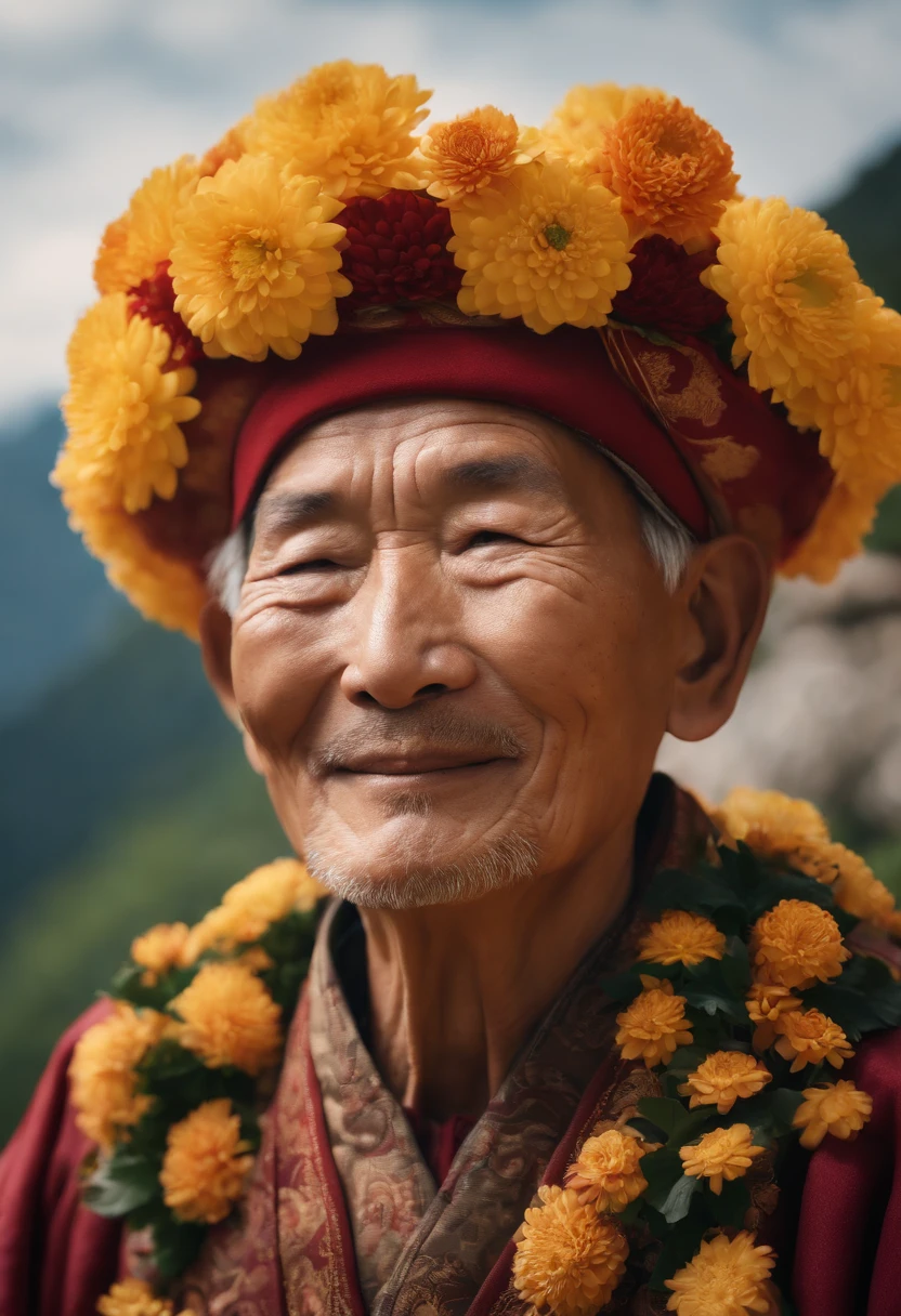 (high quality, masterpieces:1.2), illustration, an elderly Chinese man wearing chrysanthemums on his head, celebrating the Double Ninth Festival with closed eyes, lively chrysanthemum festival, charming smile, close-up of mountain climbing in the distance