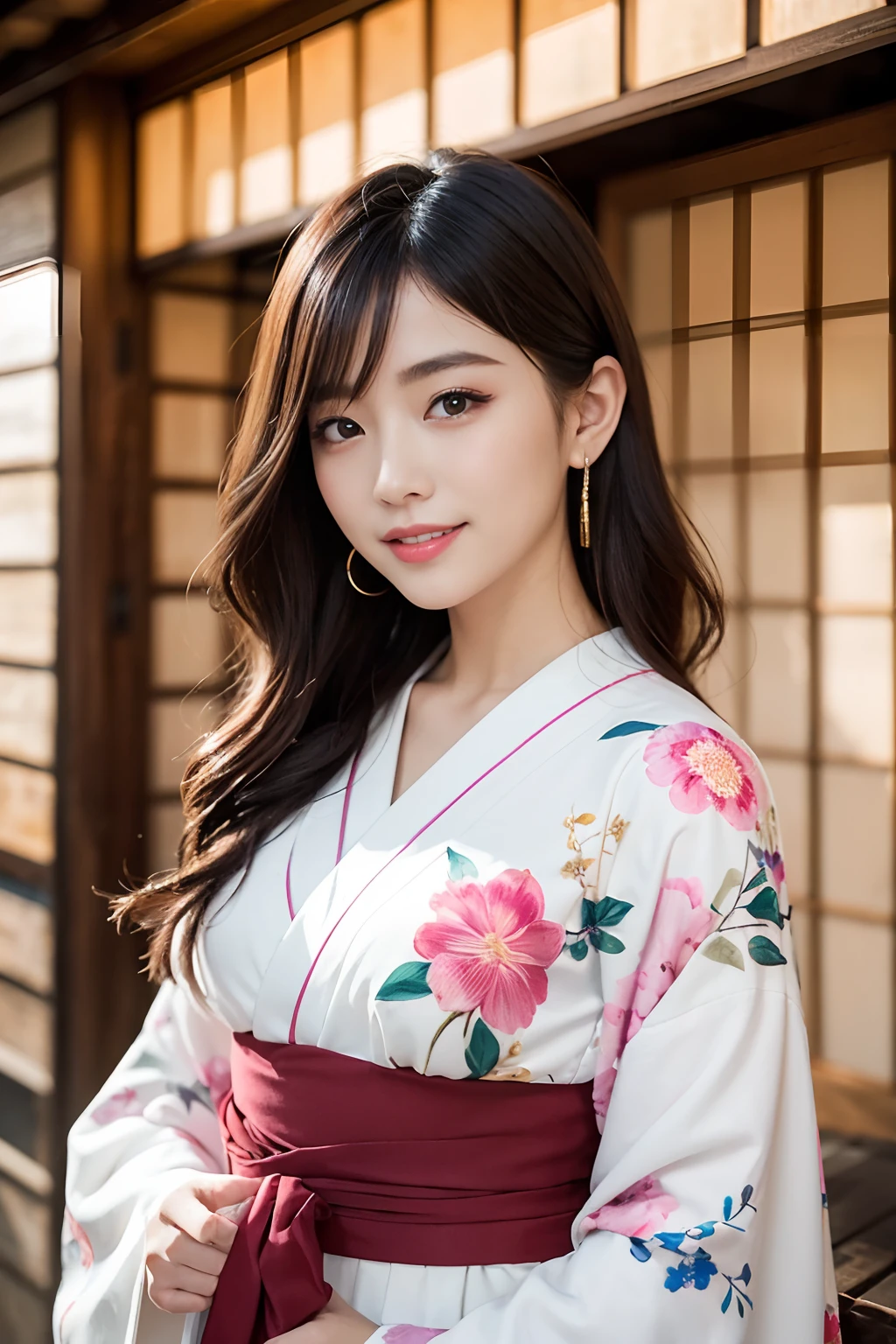 (8K,Raw photo、Raw photo、top-quality、Master masterpiece:1.2)、ultra-detailliert、Super Resolution、(Photorealsitic:1.3)、Angle to shoot from the front、Clearly draw shades of light、high resolution RAW color photos、professional photograpy、Same skin type as humans、Female proofreading of Japan from head to waist、Blur the background、Draws faithfully to anatomy、Very detailed and beautiful、Ultra-high image quality、long、Hair swaying and sexy、Very detailed beautiful girl、(Pink Eye Shadow)、smil、Loosely curly hair、kimono、Japan House、Japanese dress、