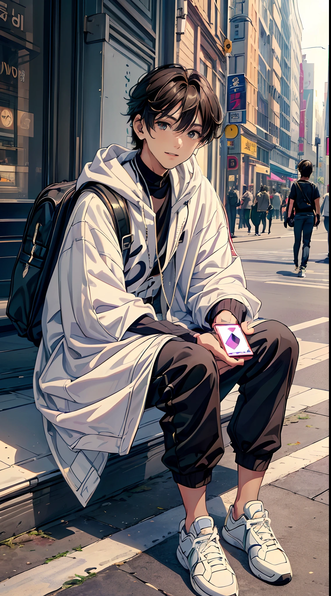 ((4K works))、masterpiece、(top-quality)、((high-level image quality))、((One Manly Boy))、Slim body、((Attractive and sexy fashion))、((Men's Fashion))、((Holding a backpack and iPhone in hand))、(Detailed beautiful eyes)、In a fashionable city、Sitting on the curb and listening to music、Face similar to Chaewon in Ruseraphim、((short hair above the ears))、((Smaller face))、((Neutral face))、((Light brown eyes))、((Korean boy))、((18year old))、((Handsome man))、((Teeth and smile expression))、((Korean Makeup))、((elongated and sharp eyes))、((photo of a model))、((Like a celebrity))、Professional Photos、((Shot alone))、((Sitting on the curb and listening to music through headphones))、((He sits in front of the viewer))、((Shot diagonally up from the front))、((Hold your iPhone in your hand、Look at your iPhone screen))
