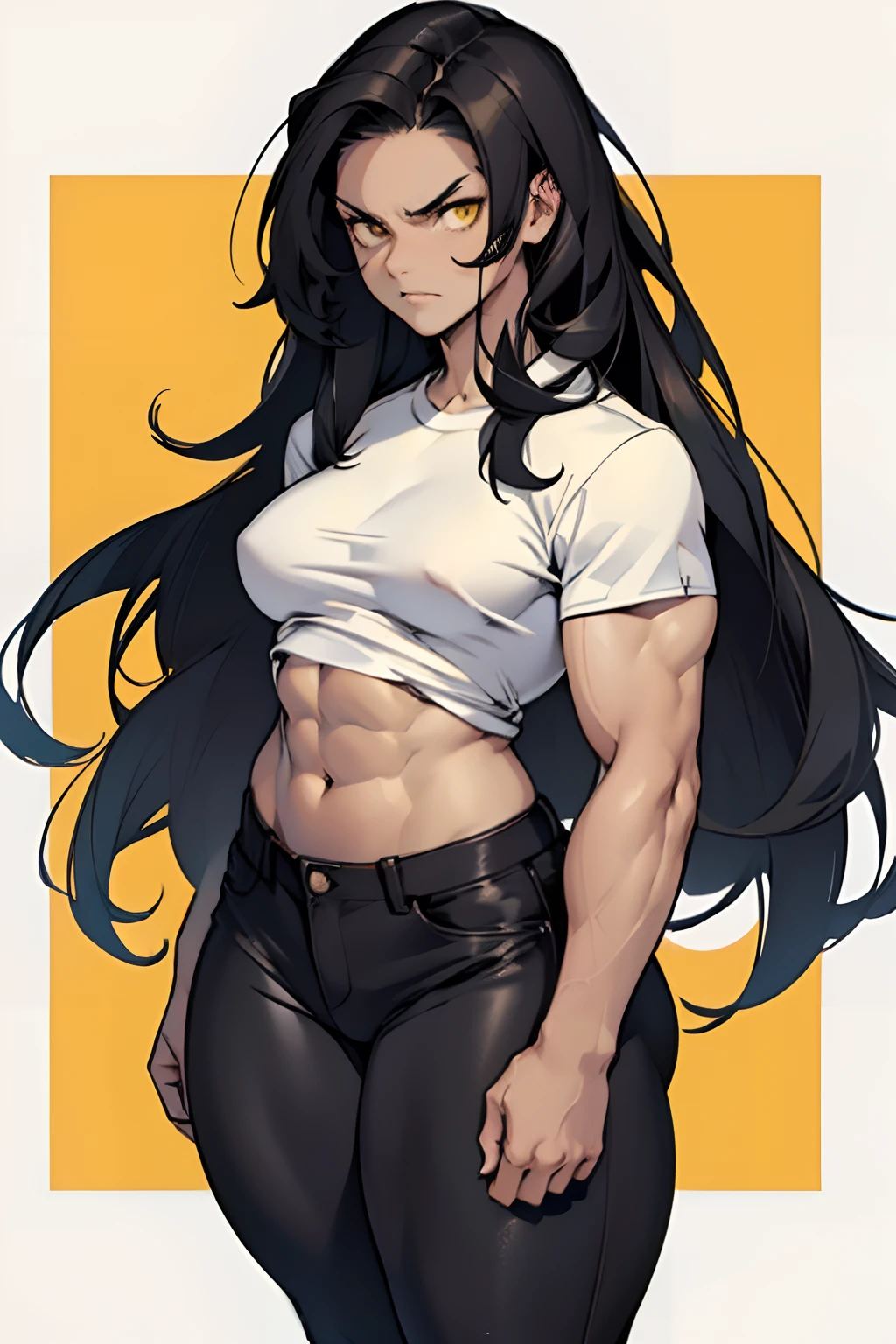 (((((muscular))))), (((thick thighs, small breasts, toned body, 1 girl))), black hair, yellow eyes, angry, (tight shirt pants very long hair pale skin) navel