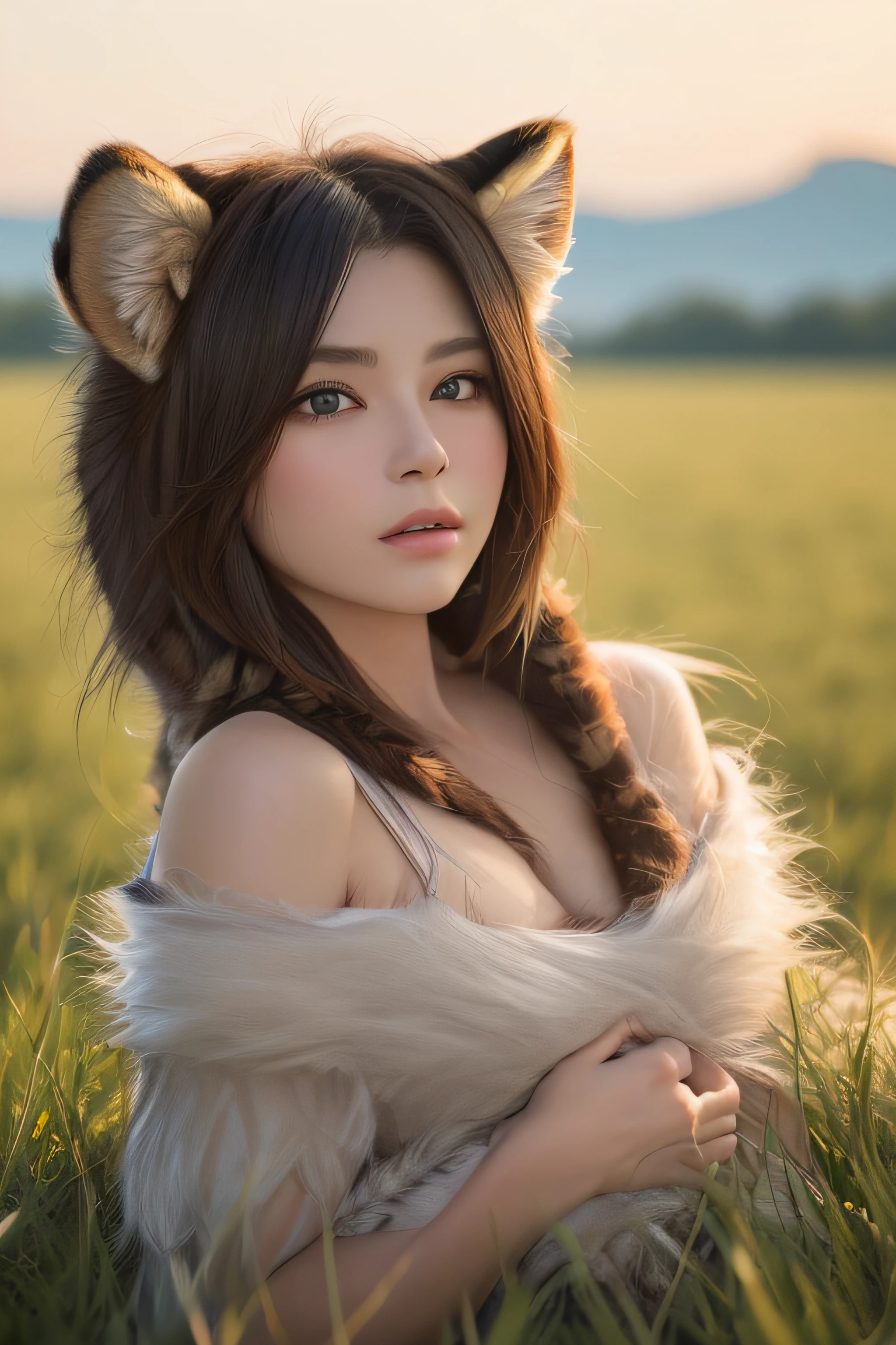 ((Best Quality, 8K, Masterpiece: 1.3)), Sharp: 1.2, Perfect Body Beauty: 1.4,1 girl,Highly detailed face,detailed eyes,double eyelids,(furry:2.0),furry cloth,have a cat's ears,wide shot,grass field