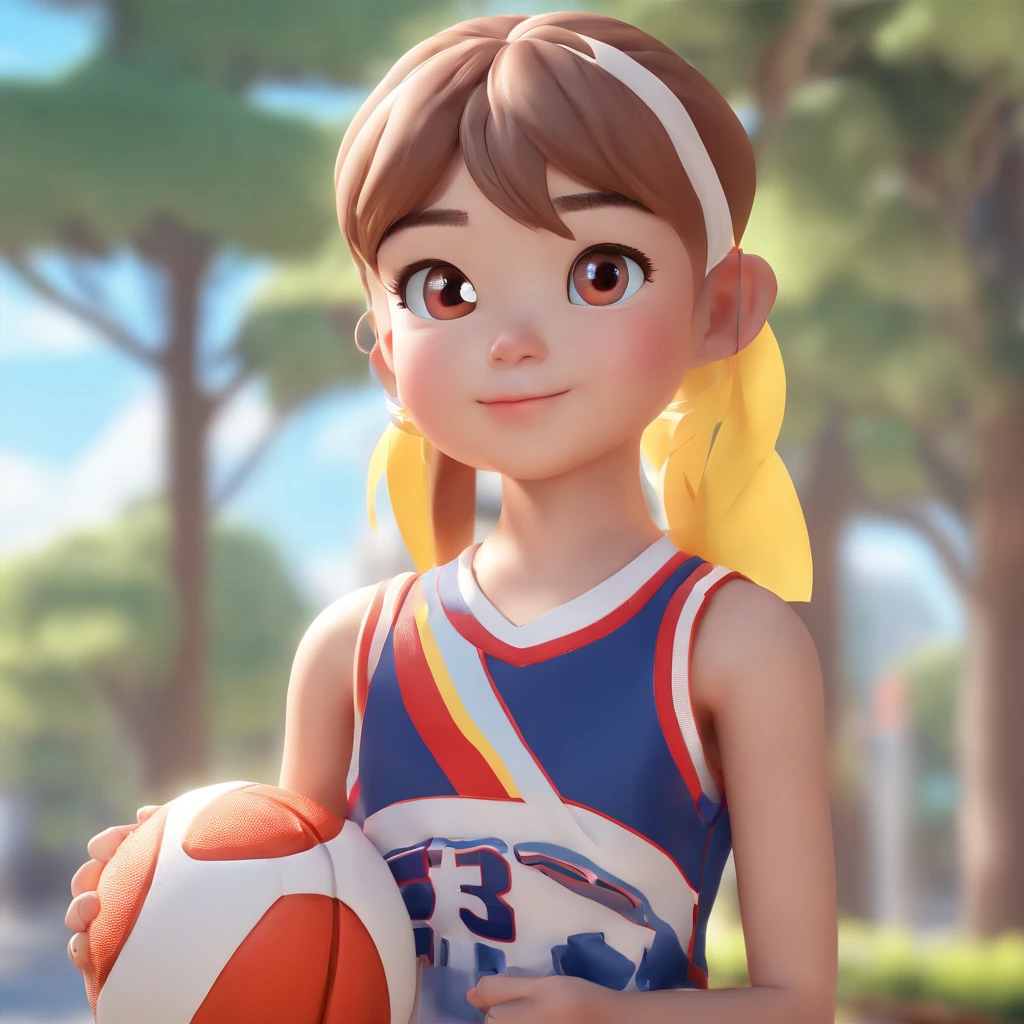 A basketball girl,Three View,The background is white,Innocent and cute - the eyes are super large and round。Smart and attentive - high skull top ponytail。But not strong enough - eight feet inside、Inner eight eyebrows。Little cleanliness - clothes are neat。Crying nose - the tip of the nose is often red。POP MART blind box art style