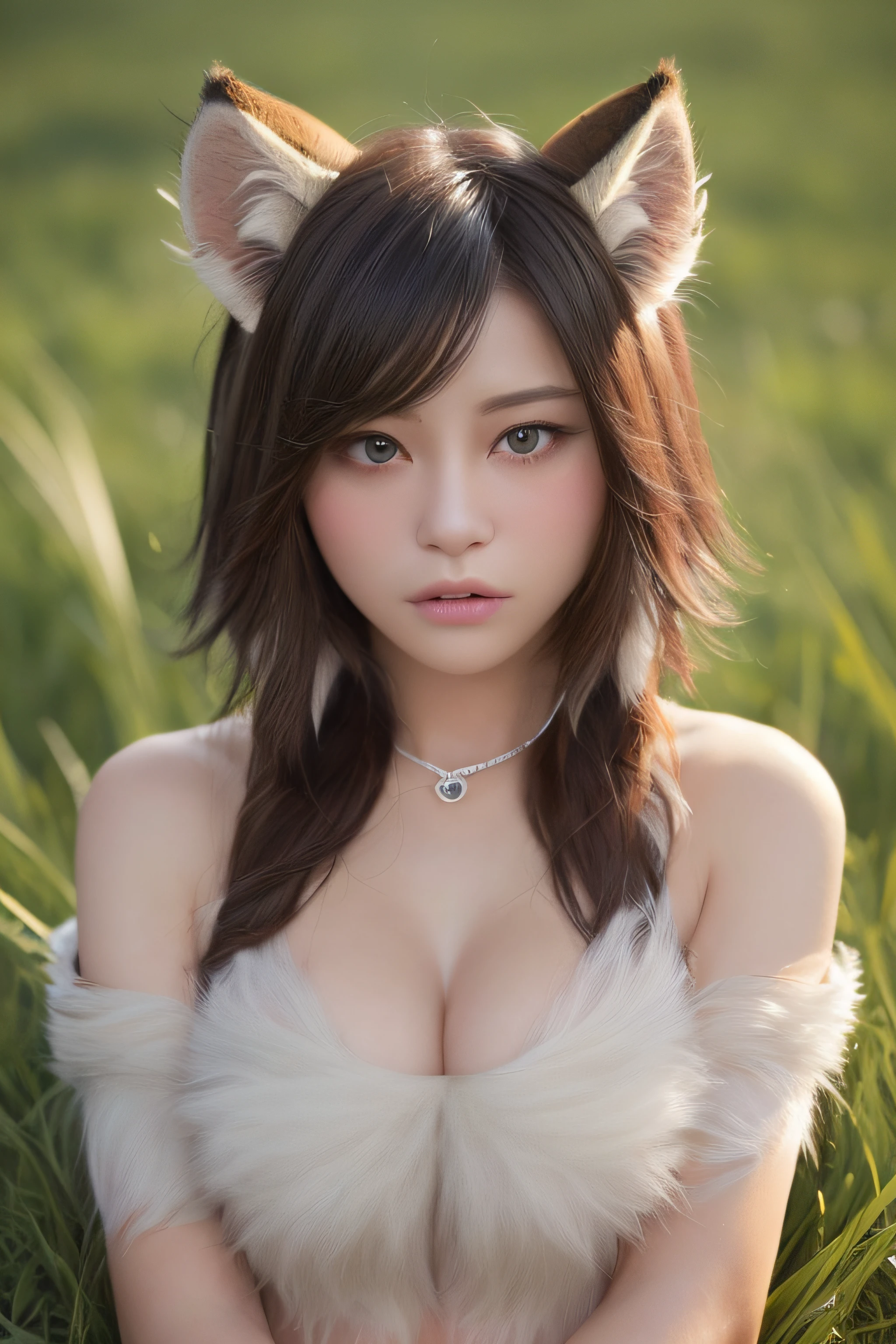 ((Best Quality, 8K, Masterpiece: 1.3)), Sharp: 1.2, Perfect Body Beauty: 1.4,1 girl,Highly detailed face,detailed eyes,double eyelids,(furry:2.0),furry cloth,have a cat's ears,wide shot,grass field